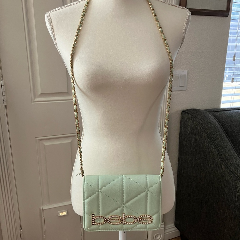 Bebe Green Quilted small Crossbody Bag with Chain Strap